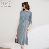 白鹿语春秋复古鱼尾牛仔裙立体小翻领修身中长款连衣裙 浅蓝色 XL 