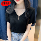 燠阳冰丝针织短袖女韩版纽扣时尚修身T恤V领打底衫上衣 短袖-黑色 L【101-110斤】