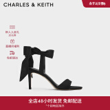 CHARLES&KEITH一字带缎面蝴蝶结绑带高跟凉鞋子女鞋生日礼物CK1-61720177 BLACK TEXTURED黑色纹理 37