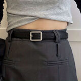 普娅华小众细腰带女简约百搭韩国学生休闲时尚方扣皮带男装饰牛仔裤带潮 缝边-长方加扣(黑)