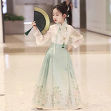 安妮优儿儿童春马面裙女童夏季套装新中式国风唐装女孩古风汉服 绿色 140