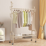 木樽多功能挂衣架落地卧室衣帽架客厅阳台单杆晾衣服移动收纳置物衣架 100cm奶油白 单层网篮+6钩+轮子