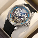 马克华菲（FAIRWHALE）手表机械表全自动镂空男士手表防水夜光男表瑞士品质腕表圣诞礼物 FW6030银壳黑胶带