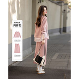 德玛纳【350G空气层套装】春秋季时髦拼色卫衣橡筋腰开叉半裙女两件套