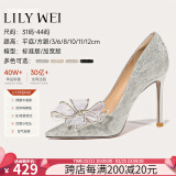 Lily Wei怦然心动法式高跟鞋仙女水晶婚鞋细跟尖头新娘蝴蝶结 银色【跟高10厘米】 37