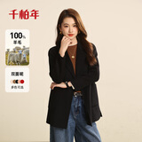 千柏年100%羊毛双排扣毛呢韩版大衣女西装领高级双面呢秋冬外套 黑色L