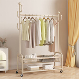 木樽多功能挂衣架落地卧室衣帽架客厅阳台单杆晾衣服移动收纳置物衣架 100cm奶油白 双层网篮+6钩+轮子