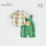 欢喜小熊男童衬衫夏季儿童纯棉短袖背带裤套装宝宝薄款童装2025新款夏装