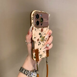 鉴百伊 复古法式立体山茶花适用iPhone17手机壳苹果16promax皮质软15Pro高级女14满屏玫瑰花12挂绳保护套 【满屏红白玫瑰+立体山茶花+棕色贴皮挂绳】 iPhone 14 Pro Ma