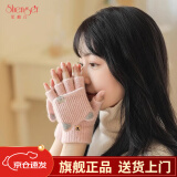 笙格儿毛线手套女秋冬季学生写字骑行针织保暖翻盖半指手套冬天户外女士 粉色 均码有弹性