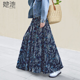 她池复古半身裙2026秋装新款女优雅撞色印花松紧腰大摆长裙