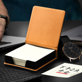 嘉然恒 商务皮质便签盒办公桌多功能收纳盒可撕便签纸小本子便利贴留言百事贴纸条 棕色