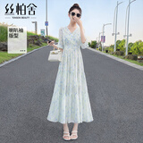 丝柏舍V领连衣裙2025夏装新款女装收腰显瘦温柔风喇叭袖碎花裙