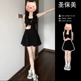 圣保美法式赫本风黑色吊带连衣裙女夏季2026新款小个子内搭a字裙子夏天 黑色短款 S 码