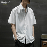 Homlean日系文艺短袖衬衫男夏季纯色基础款宽松凉感半袖衫HL12白色XL