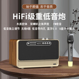 万人迷无线复古蓝牙音箱木质大音量3D环绕台式HiFi重低音炮FM收音机音响一体K歌插卡U盘音乐播放器送老人 木纹土豪金+无线麦克风一只