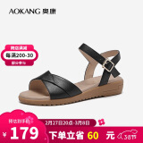 奥康（Aokang）女鞋坡跟一字带凉鞋牛皮舒适日常休闲外穿妈妈鞋T666688810黑36码