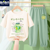 班纳班纳女童短袖套装纯棉白色t恤上衣2025新款女孩冰丝防蚊裤儿童夏装 N兔乐多米白+NlemK灰绿裤 160