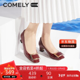 康莉（COMELY）[时装周同款]方扣单鞋女秋季粗跟气质漆皮通勤高跟鞋 红色 38 