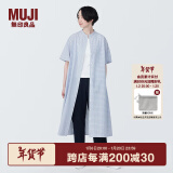 无印良品（MUJI）女式 凉感平纹立领短袖连衣裙女装裙子长裙衬衫裙开衫外搭纯棉 蓝色格纹 M (160/84A)