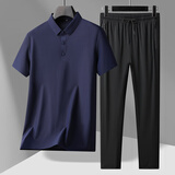 啄木鸟父亲节礼物两件套冰丝短袖t恤男夏季凉感polo弹力中年爸爸翻领衫 藏青色 XL (建议125-140斤)