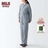 无印良品 MUJI 女式无侧缝双层纱织睡衣纯棉全棉 FDA20C1A 女士家居服套装 藏青色格纹 L-XL