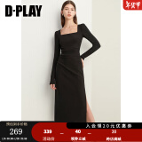 DPLAY2024秋季法式复古红色连衣裙方领红色回门服礼服订婚服女 经典黑 M