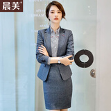 晨芙职业西装套装女时尚气质面试正装商务前台教师白领上班工作服工装 暗灰格外套+裙+灰条衬衫 M 建议90-100斤