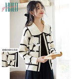 Halo Queen针织衫女翻领撞色条纹立体花朵甜美设计感慵懒开衫外套H143U2004