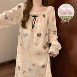 另约带胸垫睡裙女士春秋冬季长袖甜美可爱公主2025新款春秋大码家居服 2237 害羞熊 L