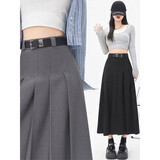 皓娥 黑色百褶西装半身裙女春秋高腰a字遮胯高级感显瘦中长灰色裙子 【黑色含腰带】 M 建议90-100斤
