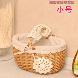 藤编收纳筐收纳篮购物篮小竹篮礼品篮柳编水果篮手提买菜篮子田园 原木色麻布小号
