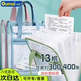 【开学必备】欧唛(oumai)13格A4透明手提袋风琴包收纳文件夹竖式科目袋 双层拉链手提补习袋 3246军绿色1个装