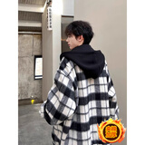 POUM小香风黑白格子男士秋冬加厚保暖外套男女同款假两件上衣连帽夹克 SJNZ-WY01黑色夹棉 M 【身高165-170体重110-115】