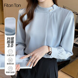 FitonTon缎面衬衫女秋冬款洋气钉珠纯色打底衫设计感韩版长袖衬衣圆领上衣
