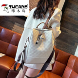 啄木鸟（TUCANO）软牛皮拼色双肩包女轻奢大容量通勤格子背包休闲百搭 【生日礼物】清爽白色 笑脸挂件