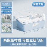 茶花 碗架碗柜碗筷收纳盒筷子收纳盒厨房多层带盖碗筷沥水架 大号蓝色带盖带筷子笼和勺子槽】