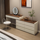 实木梳妆台简约现代奶油风化妆桌卧室收纳柜床尾斗柜一体书桌 奶油白胡桃木【水晶凳+黑圆镜】 40宽【送货上门包安装】