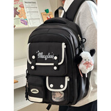 丛林鸟学院风可爱大容量书包女小学生高颜值双肩包初中女生高中学生背包 黑色【红围巾小狗+1个星星徽章】