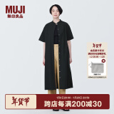 无印良品（MUJI）女式 凉感平纹立领短袖连衣裙女装裙子长裙衬衫裙开衫外搭纯棉 黑色 S (155/80A)