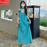 OIMG沙滩裙女海边度假长裙旅游拍照夏季气质宽松显瘦A字裙吊带连衣裙 湖蓝色 M （85-100斤）
