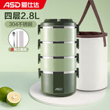 爱仕达（ASD） 保温饭盒 食品级304不锈钢外分层大容量成人多层便携学生便当盒 绿色2.8L四层饭盒+保温袋+餐具
