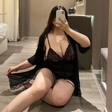 爱如如情趣内衣女 诱惑胖mm大码性感睡衣聚拢小胸显大性感床上睡衣免脱 黑色【吊带+外袍+丁字裤+腰带】 XL码【140-175斤】