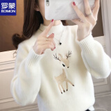 罗蒙（ROMON）羊.毛衫女秋冬新款卡通鹿针织衫半高领内搭外穿长袖保暖毛衣女士 米白色 L 105-115斤