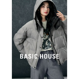 Basic House/百家好连帽撞色羽绒服韩版加厚短款白鸭绒外套冬保暖 灰 L