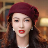 PTAH羊毛混纺贝雷帽女秋冬气质百搭复古保暖加绒加厚洋气减龄秋冬帽子 酒红