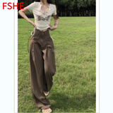 FSHE美式复古杏色高街辣妹夏秋纯色阔腿裤子女高腰垂感拖地裤薄款长裤 褐色_[优质款_ ] S _关注收藏优先发货