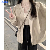 FSHE外套女春秋款2025年新款百搭小个子灯芯绒拼接美式复古棒球服夹克 杏色 [灯芯绒拼色双层有里布] M 90-105斤