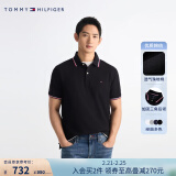 TOMMY HILFIGER【珠地网眼】春夏新款男装透气舒适镶边T恤/净色修身短袖POLO9195 曜岩黑色BEG- 合身款 M (推荐：135-150斤)