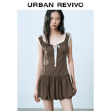 UR2025春季新款女装撞色蕾丝飘带U领无袖修身连衣裙UYY750014 深棕色 M
